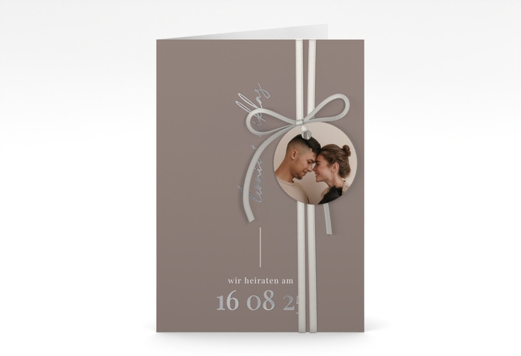 Einladungskarte Hochzeit Idylle A6 Klappkarte hoch braun silber