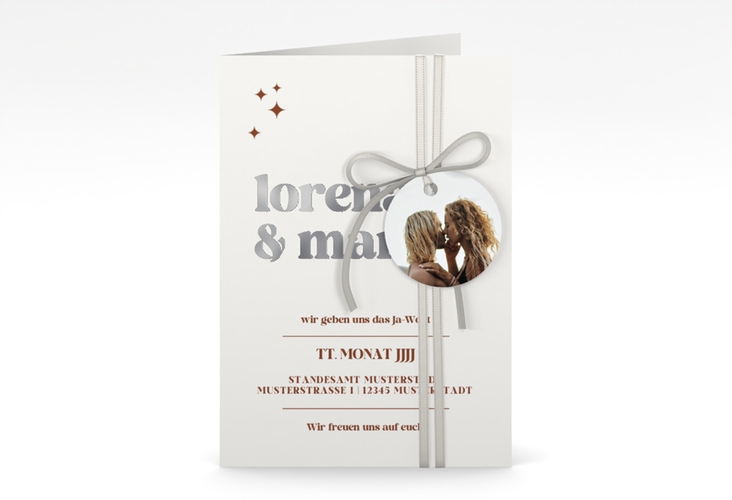 Einladungskarte Hochzeit Retro A6 Klappkarte hoch weiss silber