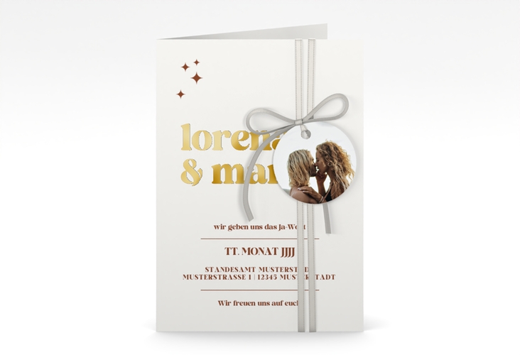 Einladungskarte Hochzeit Retro A6 Klappkarte hoch weiss gold