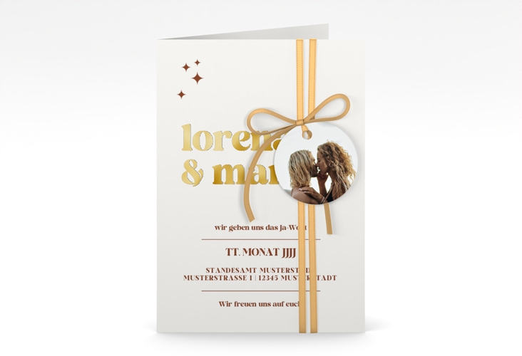 Einladungskarte Hochzeit Retro A6 Klappkarte hoch weiss gold