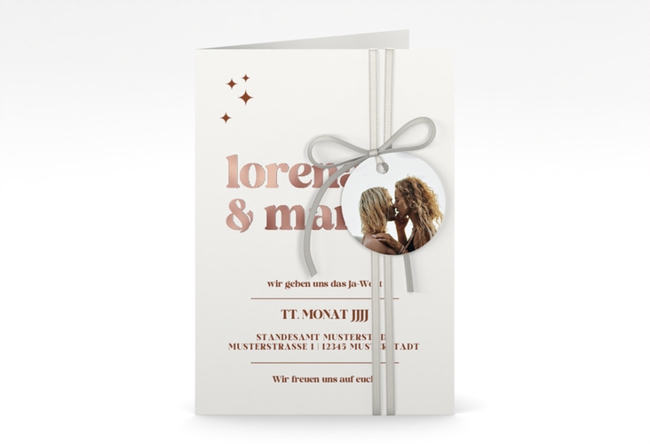 Einladungskarte Hochzeit Retro A6 Klappkarte hoch weiss rosegold