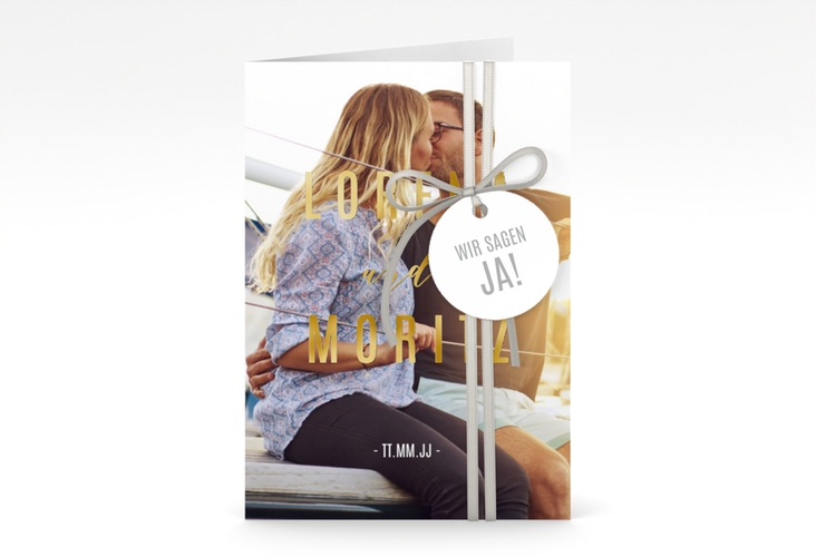Einladungskarte Hochzeit Memory A6 Klappkarte hoch weiss gold