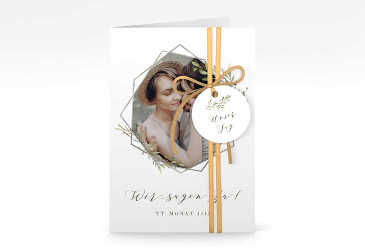 Einladungskarte Hochzeit Acacia A6 Klappkarte hoch weiss silber