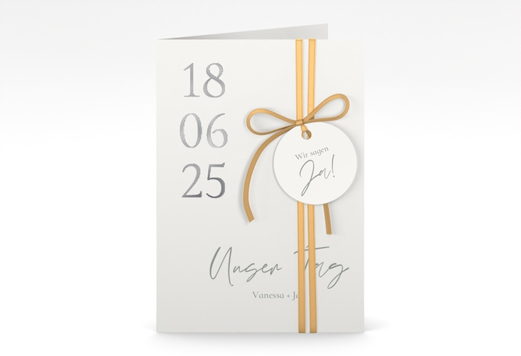 Einladungskarte Hochzeit Day A6 Klappkarte hoch weiss silber mit Datum im minimalistischen Design
