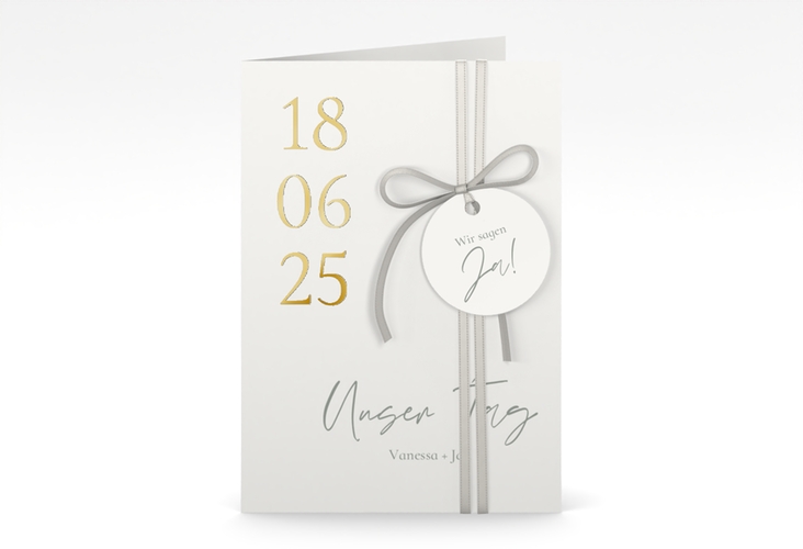 Einladungskarte Hochzeit Day A6 Klappkarte hoch weiss gold mit Datum im minimalistischen Design
