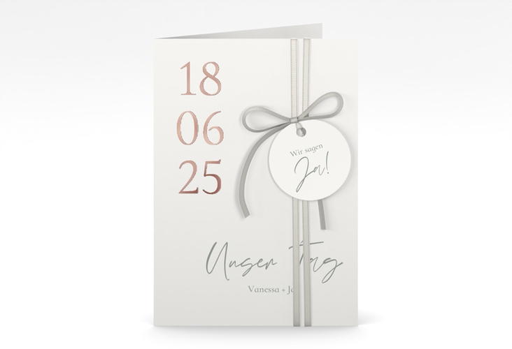 Einladungskarte Hochzeit Day A6 Klappkarte hoch weiss rosegold mit Datum im minimalistischen Design