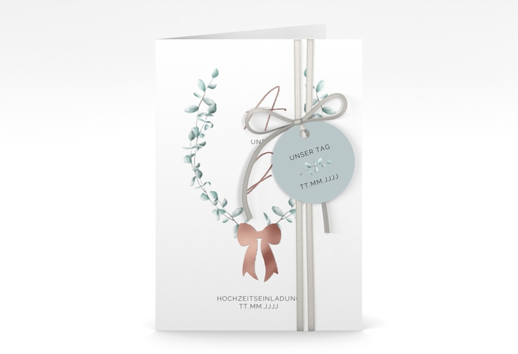 Einladungskarte Hochzeit Eucalypt Bow A6 Klappkarte hoch gruen rosegold
