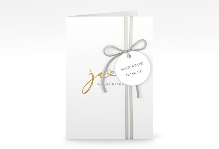 Hochzeitseinladung Jawort A6 Klappkarte hoch weiss gold modern minimalistisch mit veredelter Aufschrift