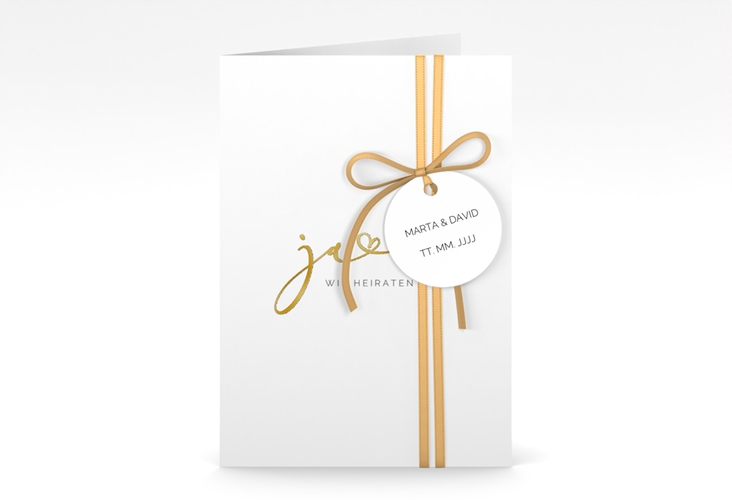 Hochzeitseinladung Jawort A6 Klappkarte hoch weiss gold modern minimalistisch mit veredelter Aufschrift