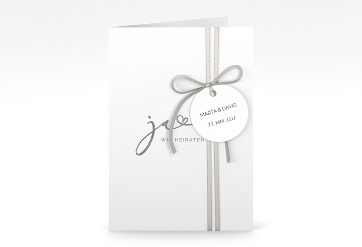 Hochzeitseinladung Jawort A6 Klappkarte hoch weiss silber modern minimalistisch mit veredelter Aufschrift