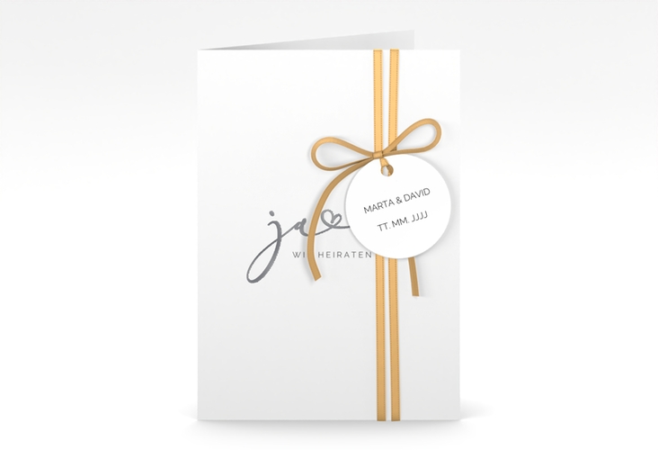 Hochzeitseinladung Jawort A6 Klappkarte hoch weiss silber modern minimalistisch mit veredelter Aufschrift