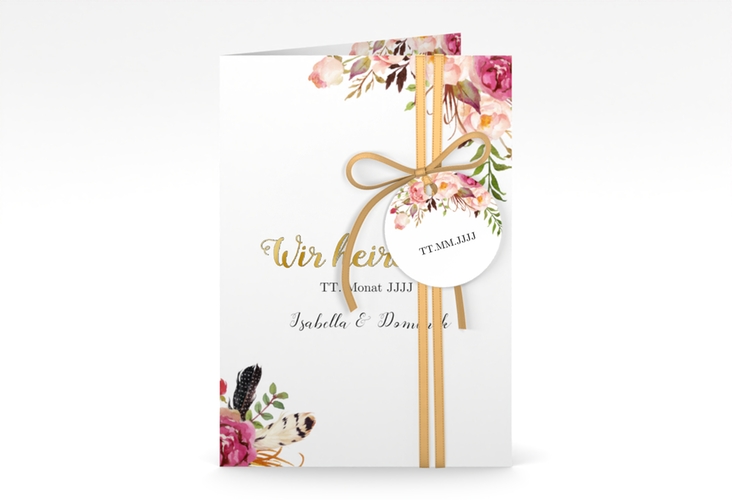 Einladungskarte Hochzeit Flowers A6 Klappkarte hoch weiss gold mit bunten Aquarell-Blumen