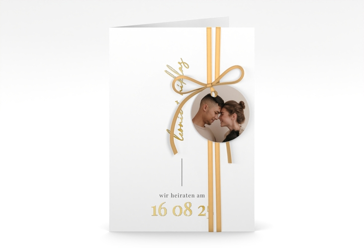 Einladungskarte Hochzeit Idylle A6 Klappkarte hoch weiss gold