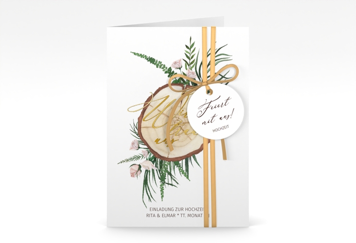 Einladungskarte Hochzeit Woodland A6 Klappkarte hoch weiss gold