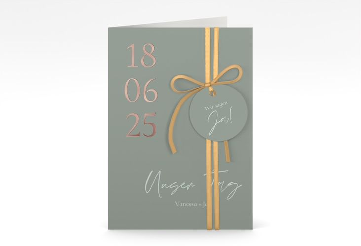 Einladungskarte Hochzeit Day A6 Klappkarte hoch gruen rosegold mit Datum im minimalistischen Design