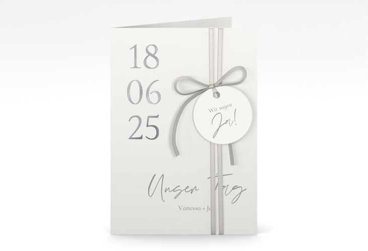 Einladungskarte Hochzeit Day A6 Klappkarte hoch weiss silber mit Datum im minimalistischen Design