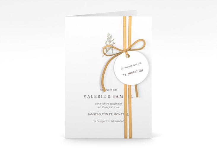 Einladungskarte Hochzeit Ivy A6 Klappkarte hoch weiss gold minimalistisch mit kleiner botanischer Illustration