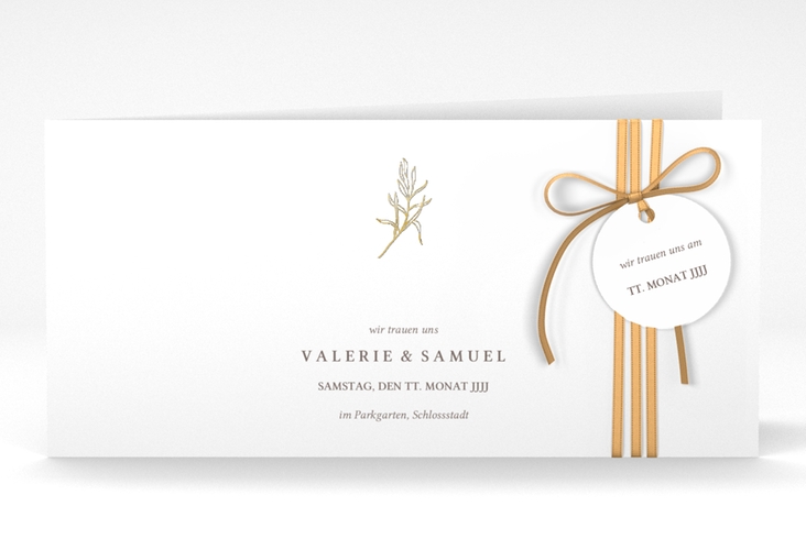 Hochzeitseinladung Ivy lange Klappkarte quer weiss gold minimalistisch mit kleiner botanischer Illustration