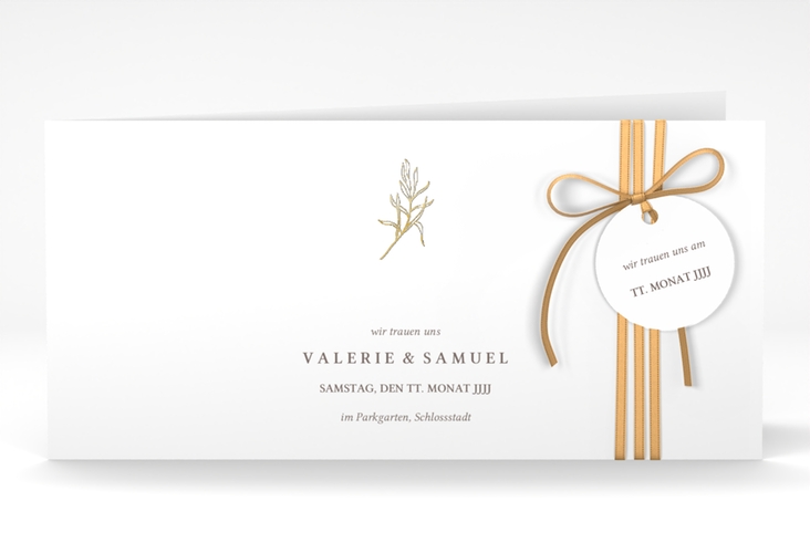 Hochzeitseinladung Ivy lange Klappkarte quer weiss gold minimalistisch mit kleiner botanischer Illustration