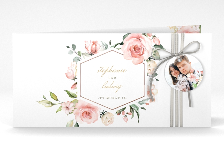 Hochzeitseinladung Graceful lange Klappkarte quer weiss rosegold mit Rosenblüten in Rosa und Weiß