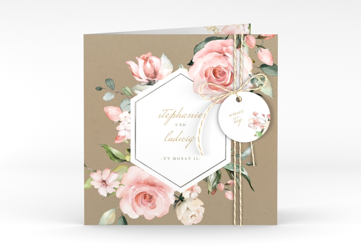Hochzeitseinladung Graceful quadr. Klappkarte Kraftpapier silber mit Rosenblüten in Rosa und Weiß