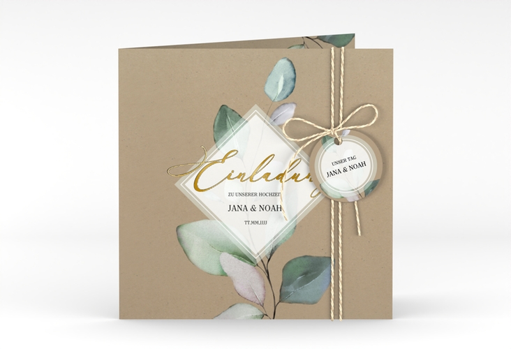 Hochzeitseinladung Foglia quadr. Klappkarte Kraftpapier gold edel mit Eukalyptus im Aquarell-Design