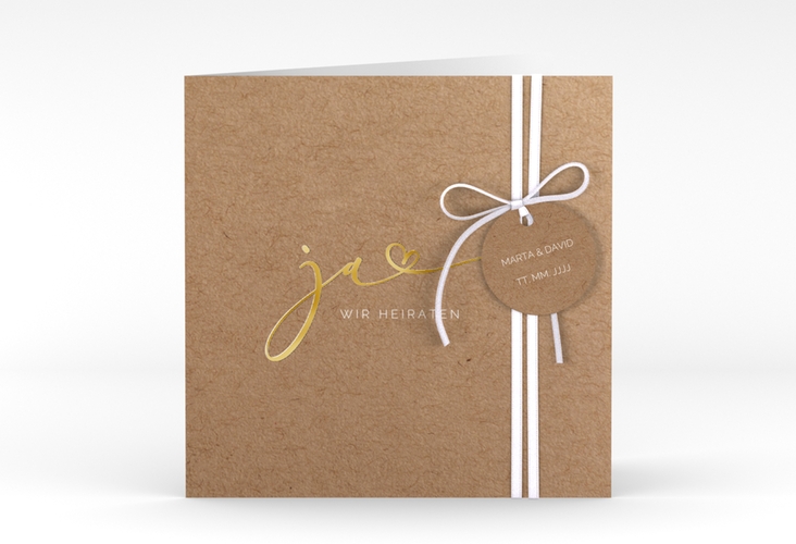 Hochzeitseinladung Jawort quadr. Klappkarte Kraftpapier gold modern minimalistisch mit veredelter Aufschrift