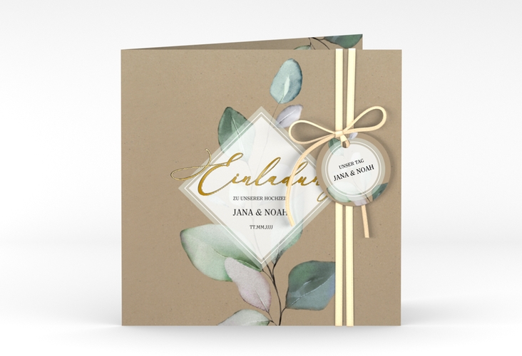 Hochzeitseinladung Foglia quadr. Klappkarte Kraftpapier gold edel mit Eukalyptus im Aquarell-Design