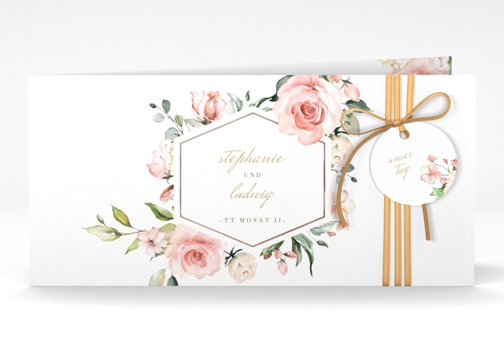 Hochzeitseinladung Graceful lange Klappkarte quer weiss rosegold mit Rosenblüten in Rosa und Weiß