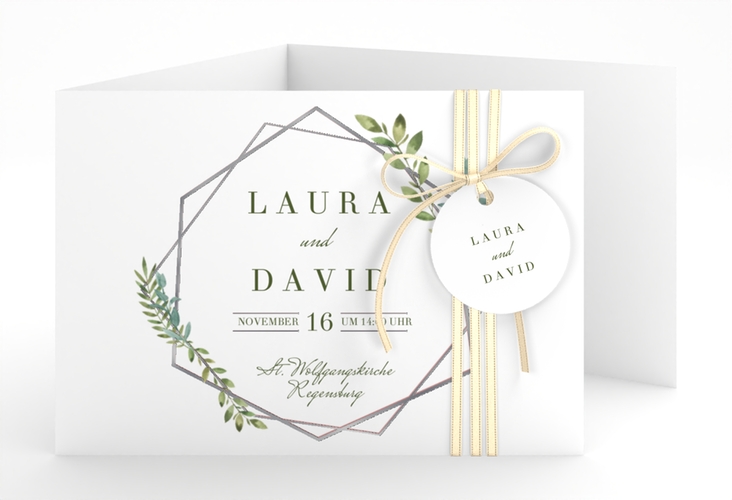 Hochzeitseinladung Herbarium A6 Doppel-Klappkarte rosa silber mit geometrischem Rahmen und Blätter-Dekor