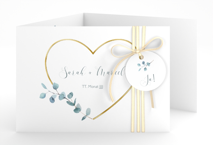 Hochzeitseinladung Greenheart A6 Doppel-Klappkarte grau gold mit elegantem Herz und Eukalyptus-Zweig