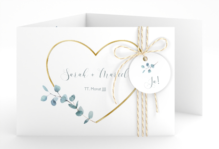 Hochzeitseinladung Greenheart A6 Doppel-Klappkarte gold gold mit elegantem Herz und Eukalyptus-Zweig