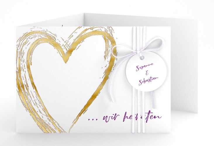 Hochzeitseinladung Liebe A6 Doppel-Klappkarte lila gold