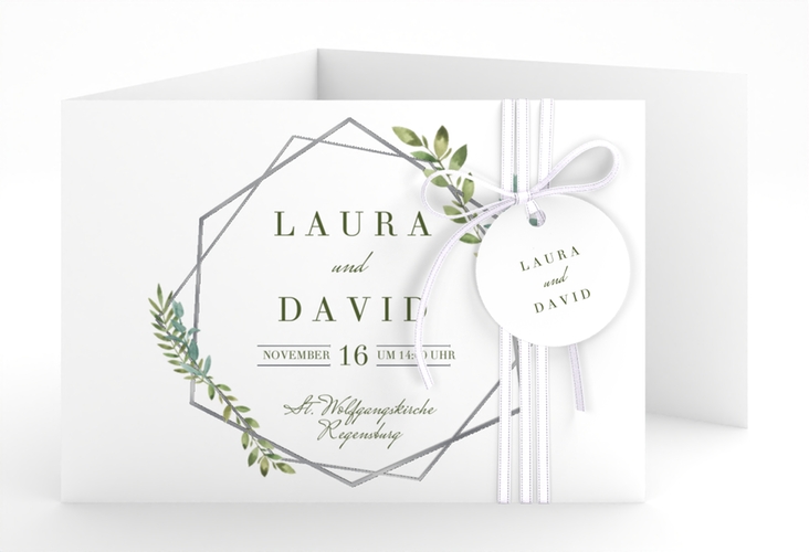Hochzeitseinladung Herbarium A6 Doppel-Klappkarte grau silber mit geometrischem Rahmen und Blätter-Dekor