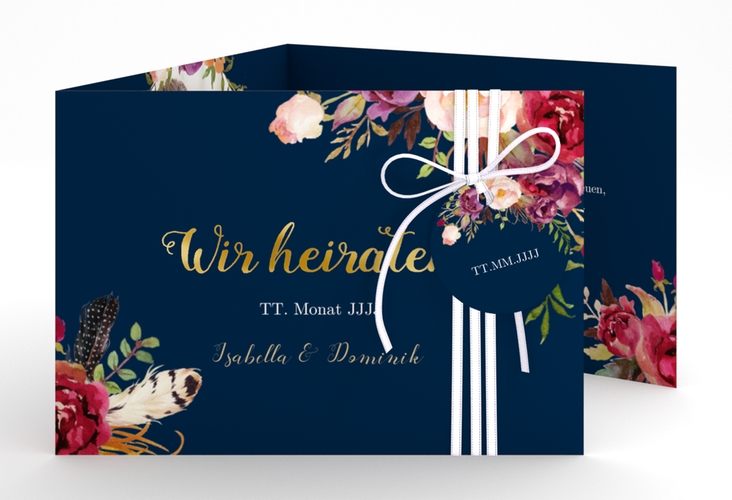 Hochzeitseinladung Flowers A6 Doppel-Klappkarte blau gold mit bunten Aquarell-Blumen