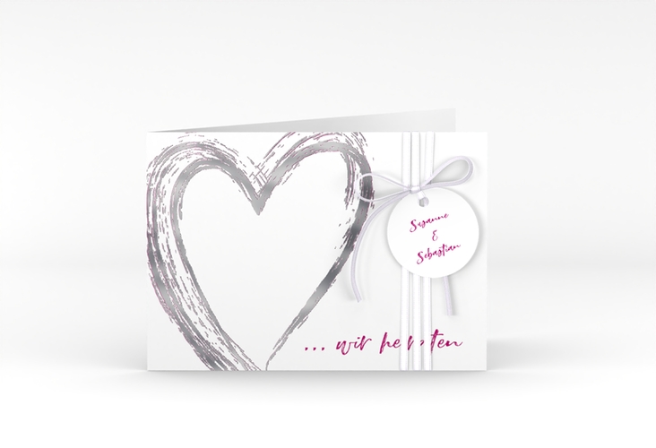 Hochzeitseinladung Liebe A6 Klappkarte quer pink silber