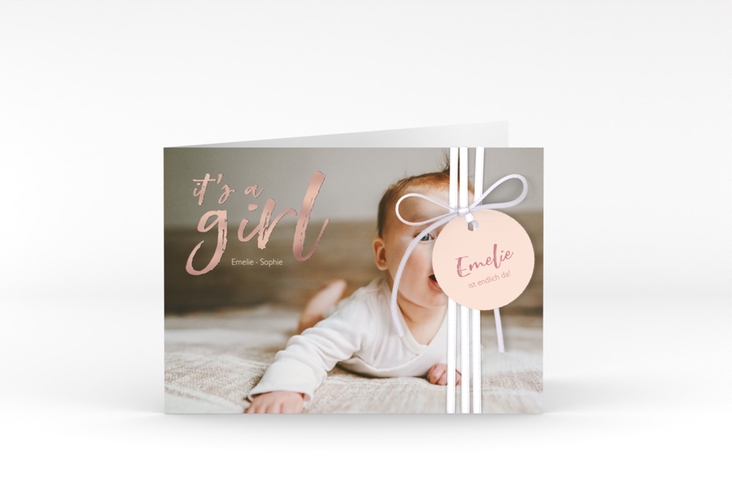 Geburtskarte Girl A6 Klappkarte quer rosa rosegold