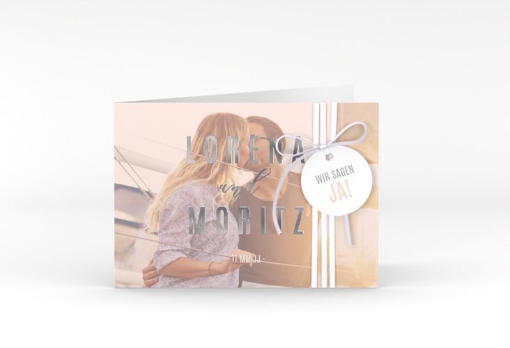 Hochzeitseinladung Memory A6 Klappkarte quer rosa silber
