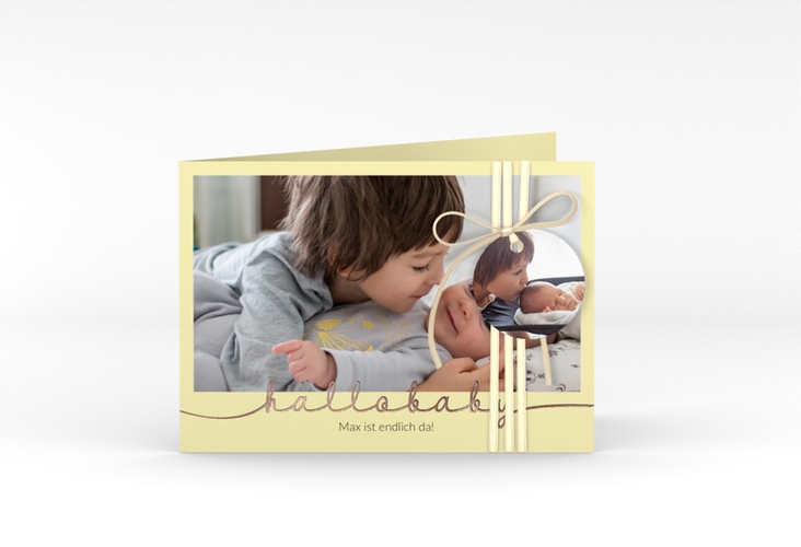 Geburtskarte Newborn A6 Klappkarte quer gelb rosegold