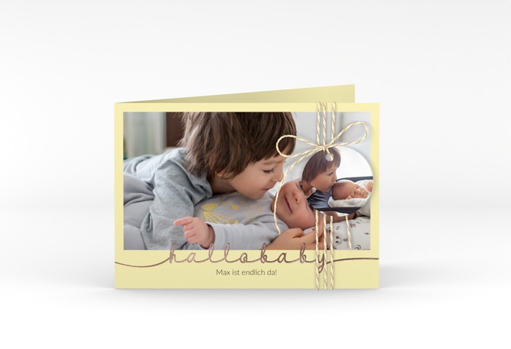 Geburtskarte Newborn A6 Klappkarte quer gelb rosegold