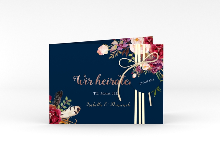 Hochzeitseinladung Flowers A6 Klappkarte quer blau rosegold mit bunten Aquarell-Blumen