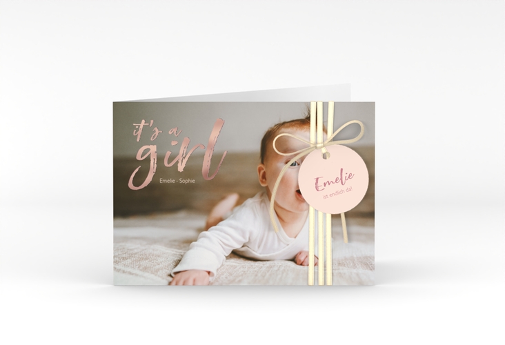 Geburtskarte Girl A6 Klappkarte quer rosa rosegold