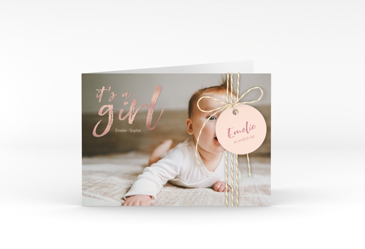Geburtskarte Girl A6 Klappkarte quer rosa rosegold