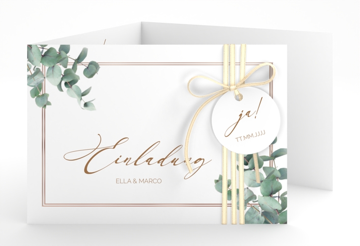 Hochzeitseinladung Eucalypt A6 Doppel-Klappkarte weiss rosegold mit Eukalyptus und edlem Rahmen