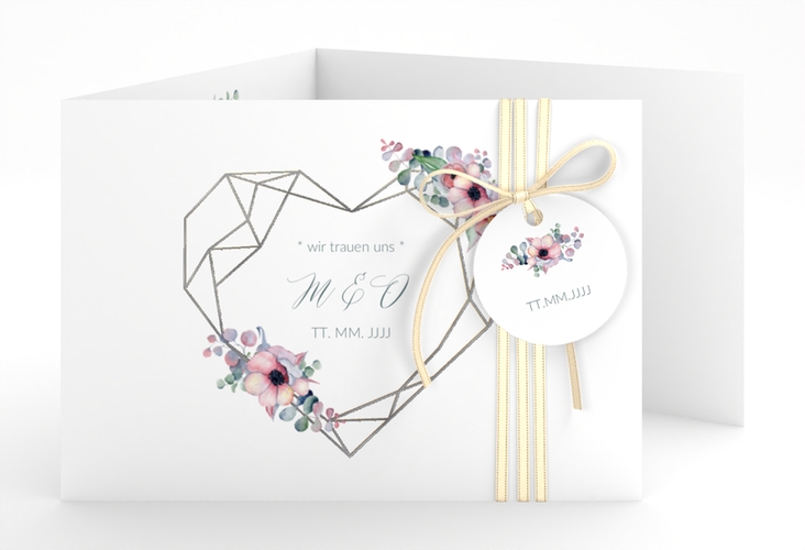Hochzeitseinladung Herzgold A6 Doppel-Klappkarte weiss silber