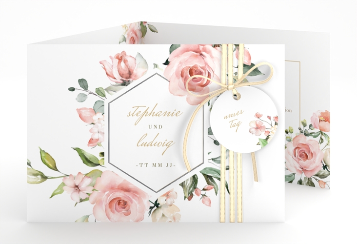 Hochzeitseinladung Graceful A6 Doppel-Klappkarte weiss silber mit Rosenblüten in Rosa und Weiß