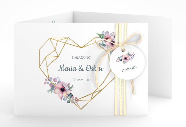 Hochzeitseinladung Herzgold A6 Doppel-Klappkarte weiss gold