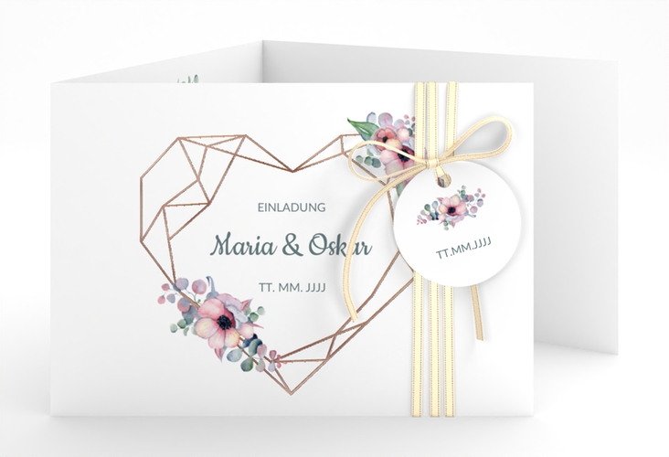 Hochzeitseinladung Herzgold A6 Doppel-Klappkarte weiss rosegold