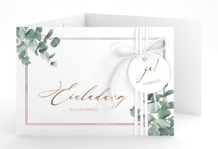 Hochzeitseinladung Eucalypt A6 Doppel-Klappkarte weiss rosegold mit Eukalyptus und edlem Rahmen