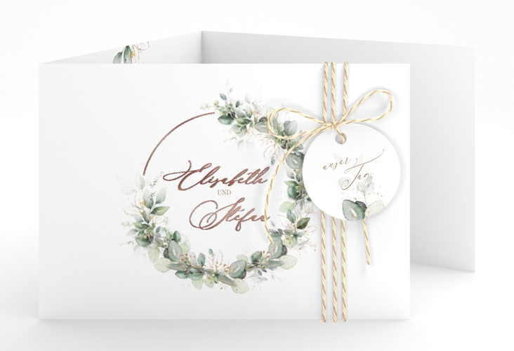 Hochzeitseinladung Selvatica A6 Doppel-Klappkarte weiss rosegold mit Eukalyptus-Kranz